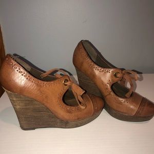 Restricted brand, leather brown wedge heels
